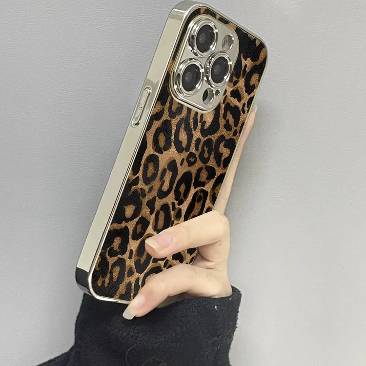 棕色豹纹适用苹果16promax手机壳iPhone15pro新款14防摔13皮质17