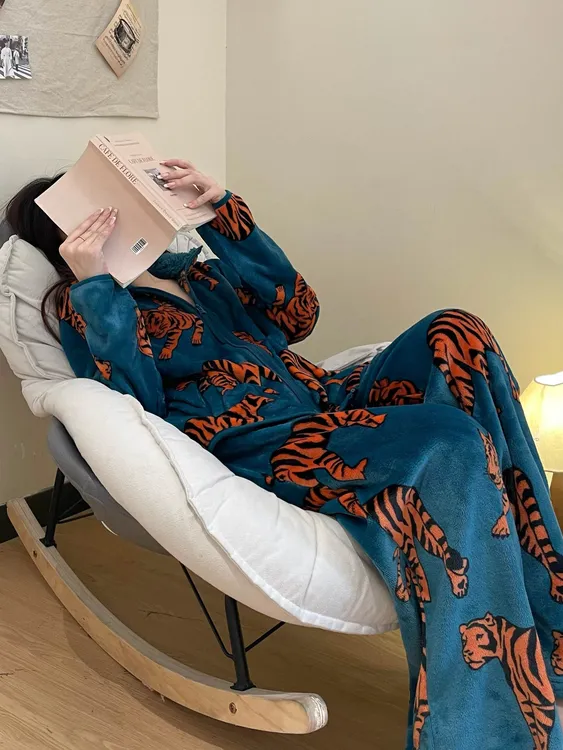 【孔雀绿花豹】美拉德穿搭睡衣女套装冬季新款加厚开衫法兰绒家居服