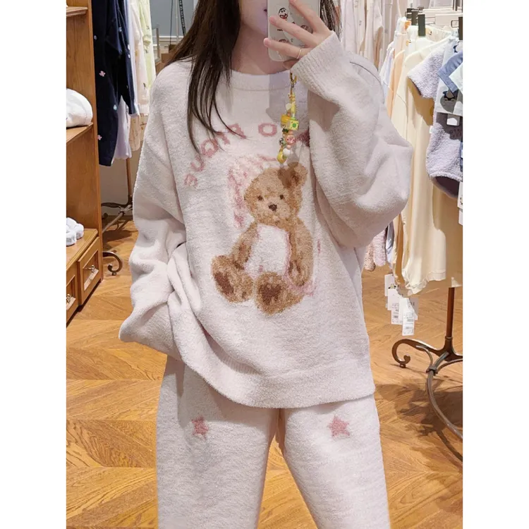 【奶fu小熊】网红热款少女针织半边绒睡衣女秋冬套装新款加厚家居服