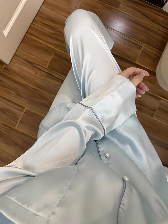 法式气质蓝色冰丝睡衣女套装春秋季新款薄款长袖长裤舒适家居服女