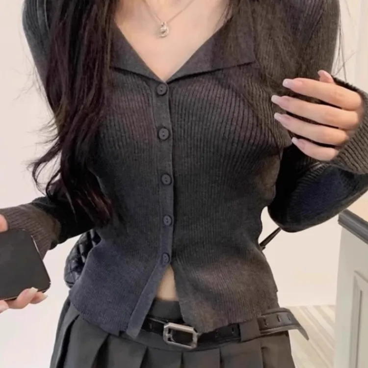 美式甜辣polo翻领针织开衫秋冬季修身V领外搭上衣别致打底毛衣女
