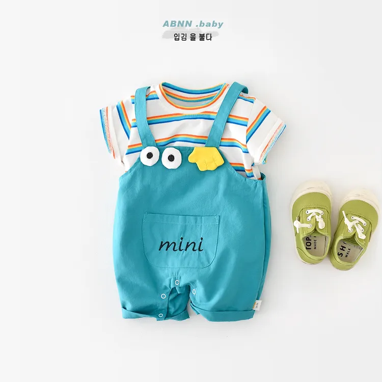 婴幼儿夏季彩虹条纹拼接假两件卡通背带哈衣