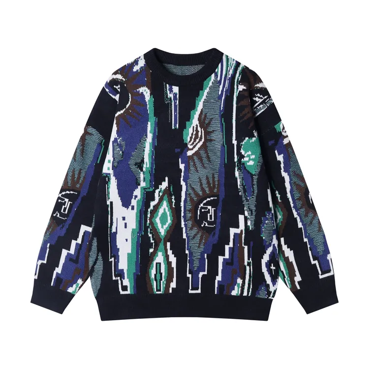 秋冬季新款时尚个性美式不规则撞色圆领毛衣宽松潮流情侣针织衫