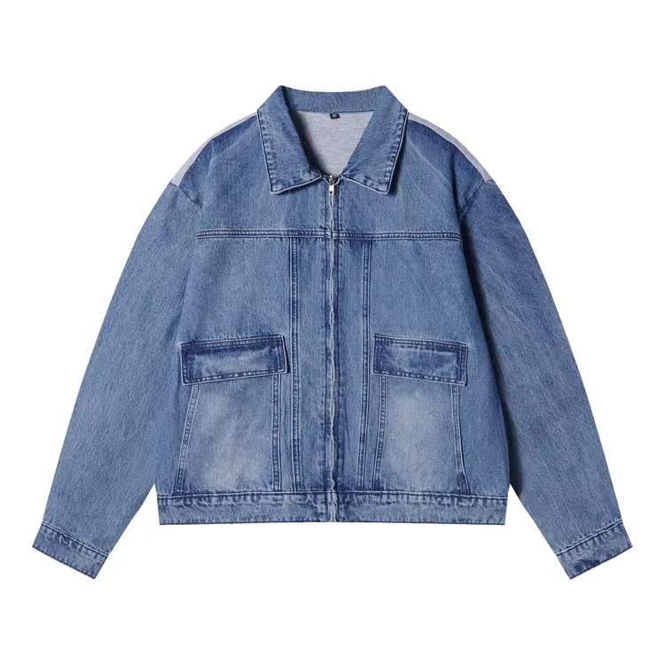 秋冬新款男士牛仔拼接设计美式街头翻领宽松日常穿搭潮流长袖卫衣