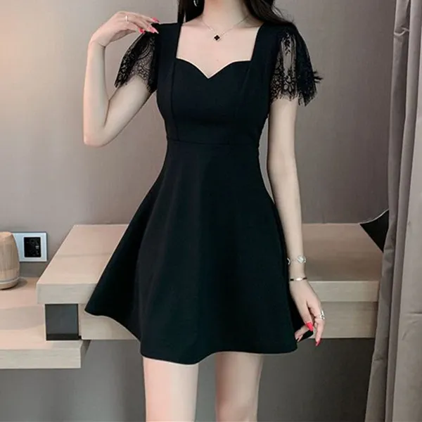 夏季短款小黑裙小个子气质修身显瘦性感蕾丝袖连衣裙短裙子女