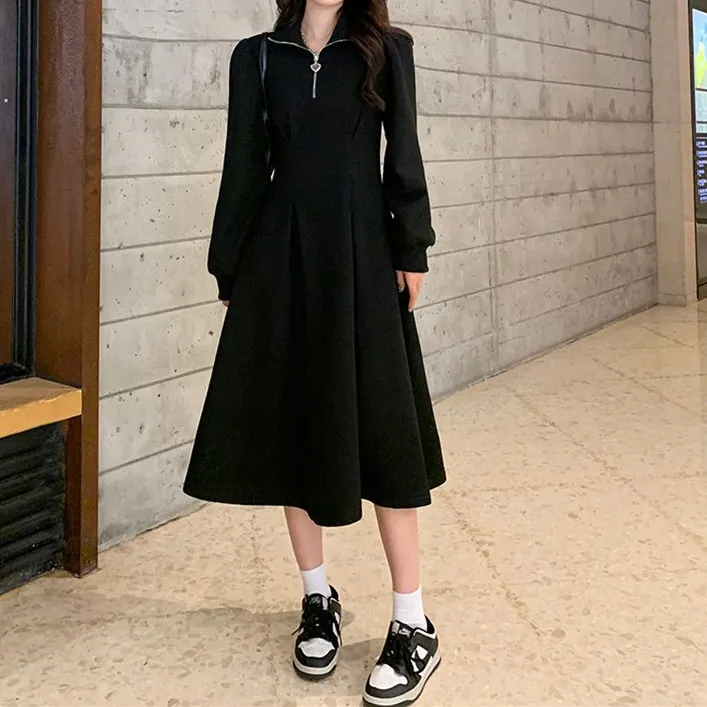 春秋季复合大码气质修身收腰显瘦A字裙长袖中长款连衣裙小黑裙女