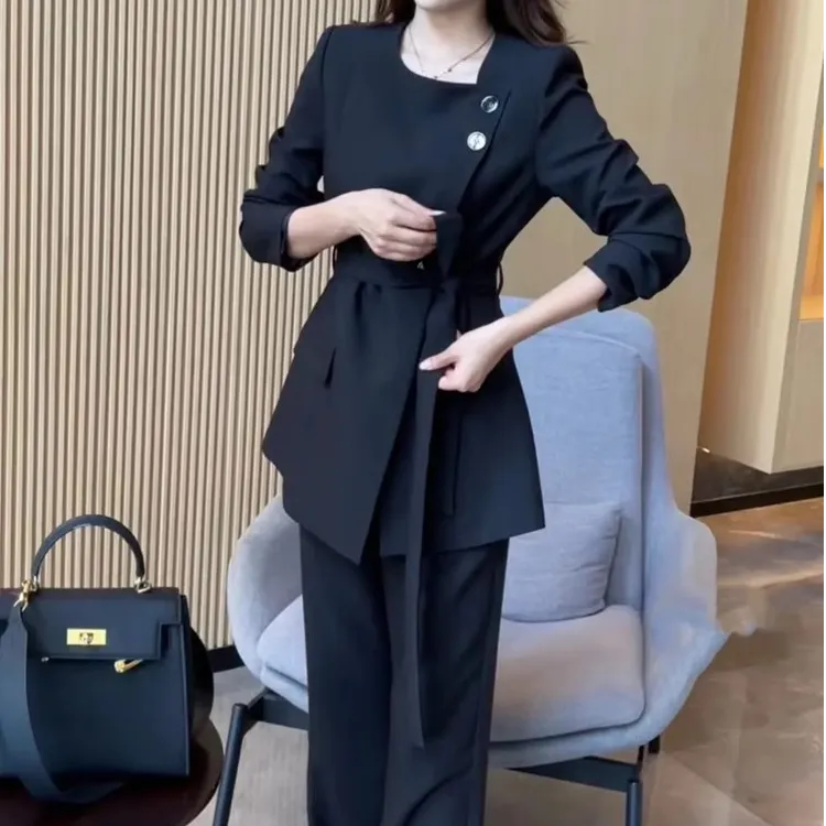 高级时尚气质套装女2024秋冬新款设计感洋气系带西服外套+阔腿裤
