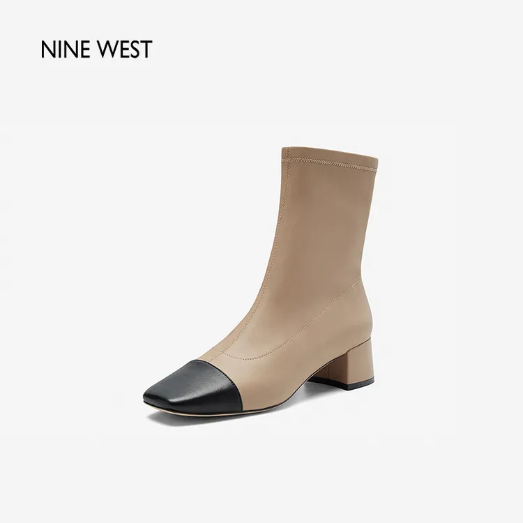 Nine West/玖熙小香风短靴秋季新款方头粗跟气质瘦瘦靴NG438033SK