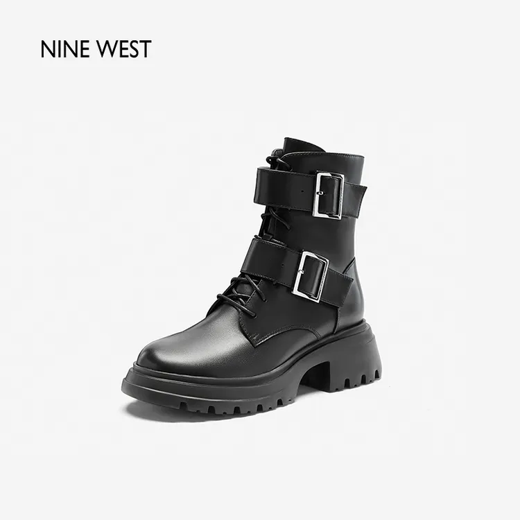 Nine West/玖熙女鞋新款秋冬马丁靴舒适朋克风加绒短靴增高机车靴
