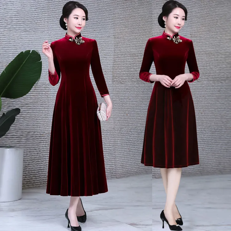 春秋冬中年旗袍女婚礼妈妈礼服喜婆婆婚宴装高贵金丝绒连衣裙长款