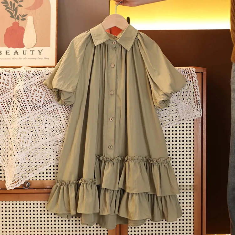 艾女童夏装连衣裙2024新款儿童时尚气质夏季宽松衬衫领韩版棉布裙
