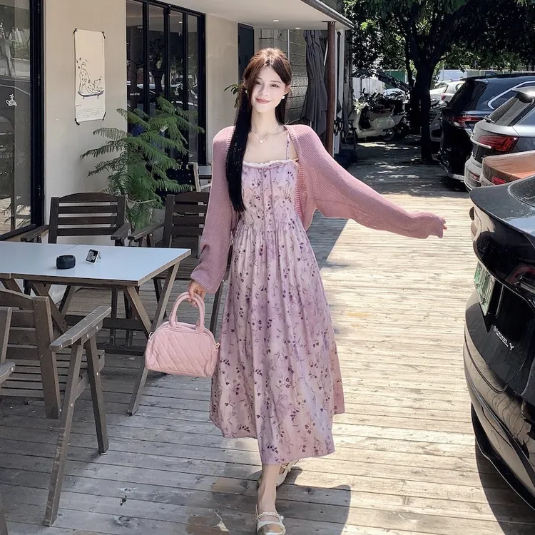 甜美学院风碎花吊带打底裙女2025新款中长款收腰显瘦灯芯绒连衣裙