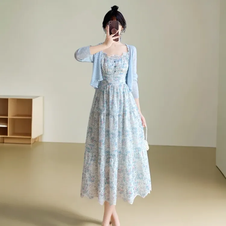 镂空刺绣碎花吊带连衣裙女2025春秋新款气质中长款收腰显瘦仙女裙