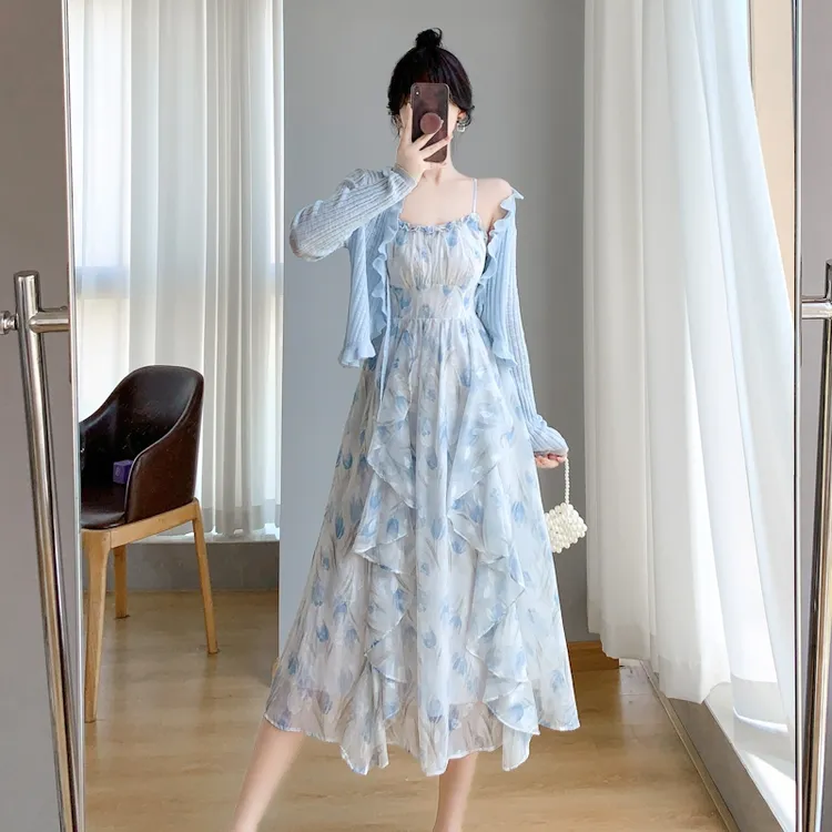 法式甜美荷叶边碎花套装裙子女夏季时尚洋气收腰吊带连衣裙两件套