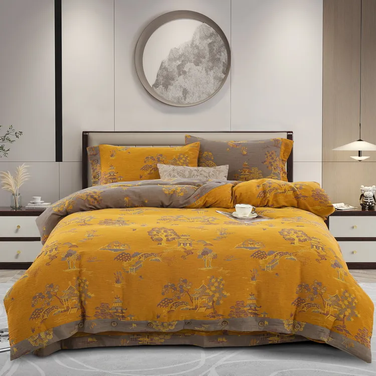 【逸彩之林-黄】全棉A类色织提花双层纱四件套温暖松弛亲肤柔软国风