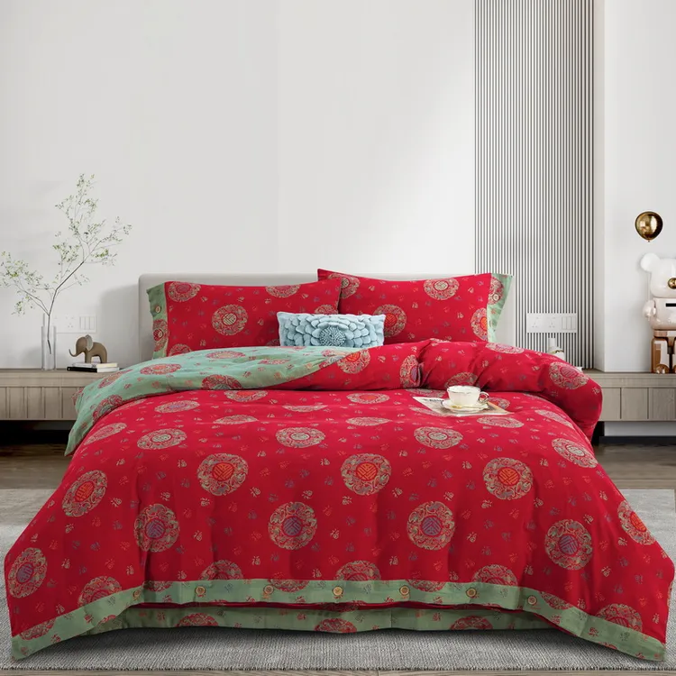 【福满堂-正红】全棉四件套A类色织双层纱舒适婚庆陪嫁中式婚礼母婴
