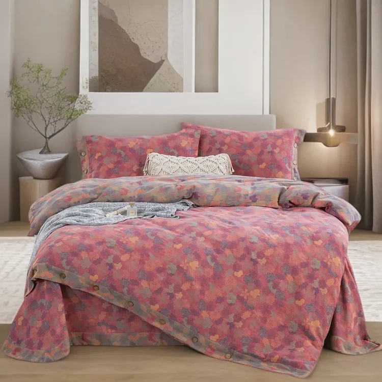 【花影重叠-粉】全棉色织提花A类双层纱纯棉四件套保暖床品主卧