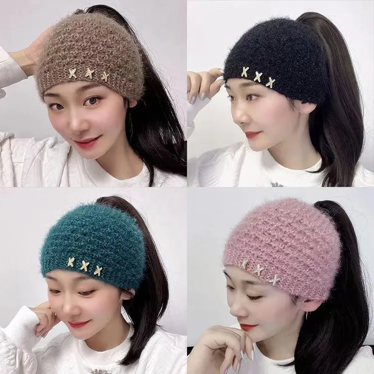 针织手工加宽加厚发带两用帽子女冬季防风保暖护耳毛线帽毛线发带