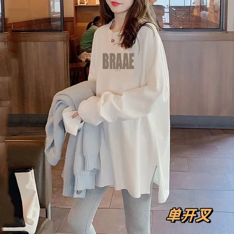 纯棉长袖t恤女中长款2025新款宽松休闲大码开叉打底衫上衣春秋季