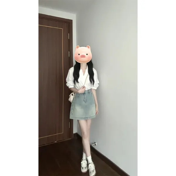 夏季新款休闲宽松法式V领短袖凉感白衬衣牛仔半身裙慵懒套装