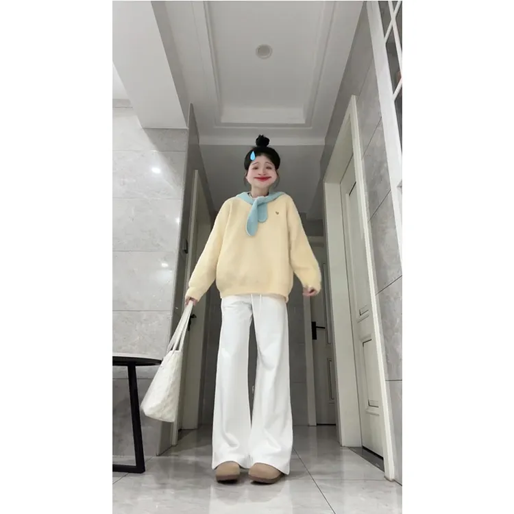 甜美学院风奶黄色仿貂绒毛衣女秋冬新款慵懒风打底针织衫长裤套装