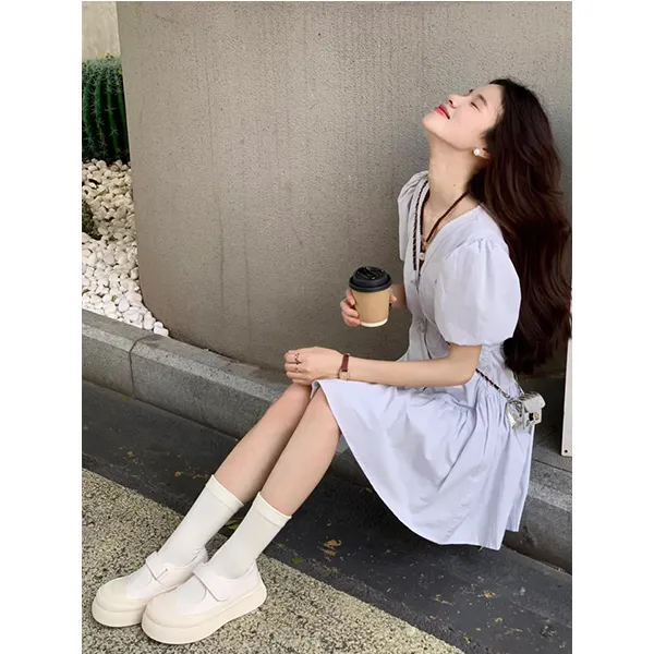 法式初恋泡泡袖小个子茶歇裙子女2024夏季新款韩系简单大方连衣裙