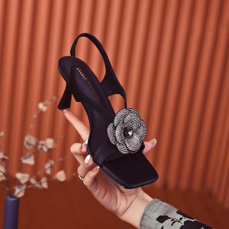 山茶花方头时装高跟凉鞋女夏百搭配裙子2025年新款细跟优雅高跟鞋