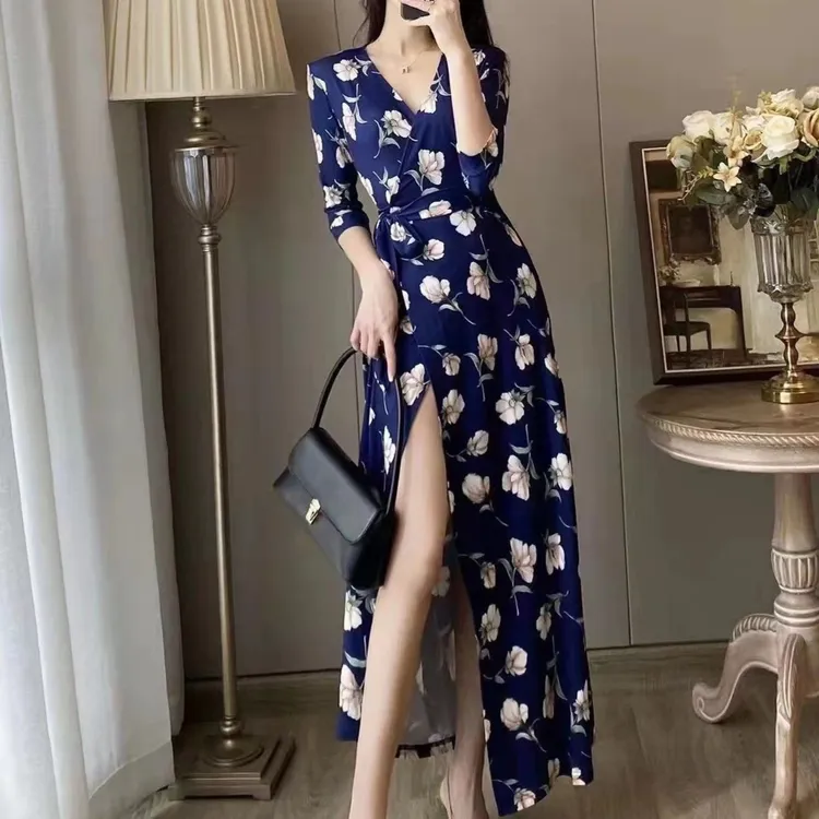 时尚显瘦收腰夏季系带法式v领甜美花色成人印花气质绑带连衣裙