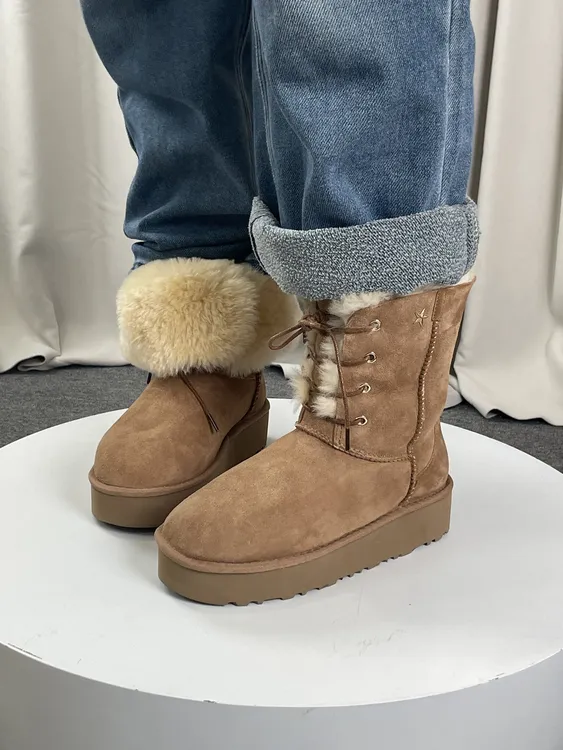 【羊皮毛一体】2024冬季新款星星靴真皮加厚中筒靴厚底保暖靴时尚