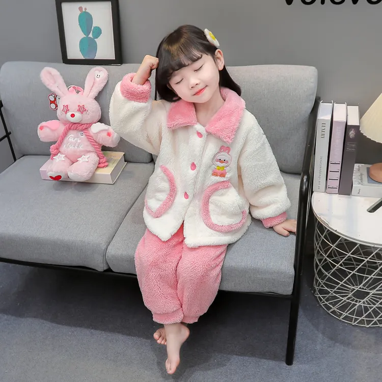 女童珊瑚绒睡衣儿童开衫冬天加厚宝宝法兰绒家居服秋冬季小童公主