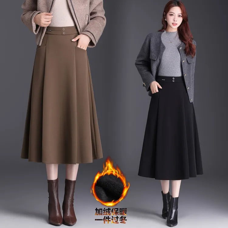 秋冬加绒加厚口袋半身裙2025新款时尚百搭显瘦A字长裙松紧腰黑色