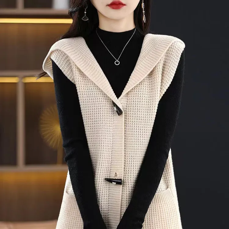 品牌折扣清仓欧货连帽马甲开衫女秋冬季洋气中长款外搭针织衫毛衣