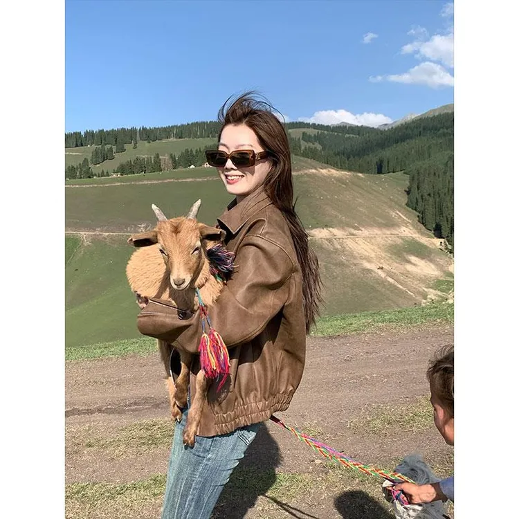 外卖到了【曼哈顿】2025春秋新款美式洋气复古咖色宽松显瘦皮衣外套