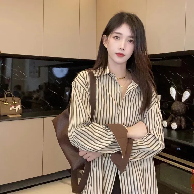 【奶咖条纹】韩范宽松条纹衬衫女2025韩版春季新款女装时尚宽松衬衣
