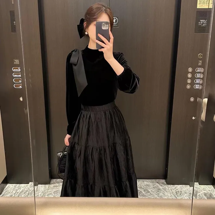 2025春秋新款女装时尚长袖气质连衣裙拼接中高腰显瘦名媛黑色裙子