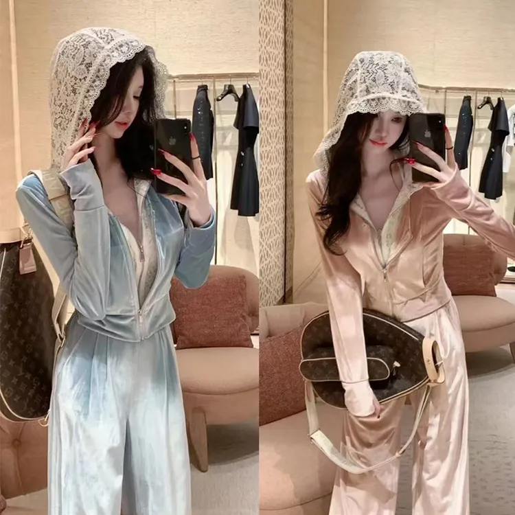 【华丽派对】2025春新款假两件蕾丝连帽外套直筒裤丝绒运动时尚套装