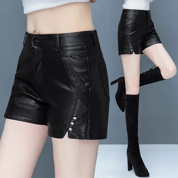 秋冬皮短裤女外穿新款韩版时尚百搭打底靴裤显瘦大码A字高腰短裤