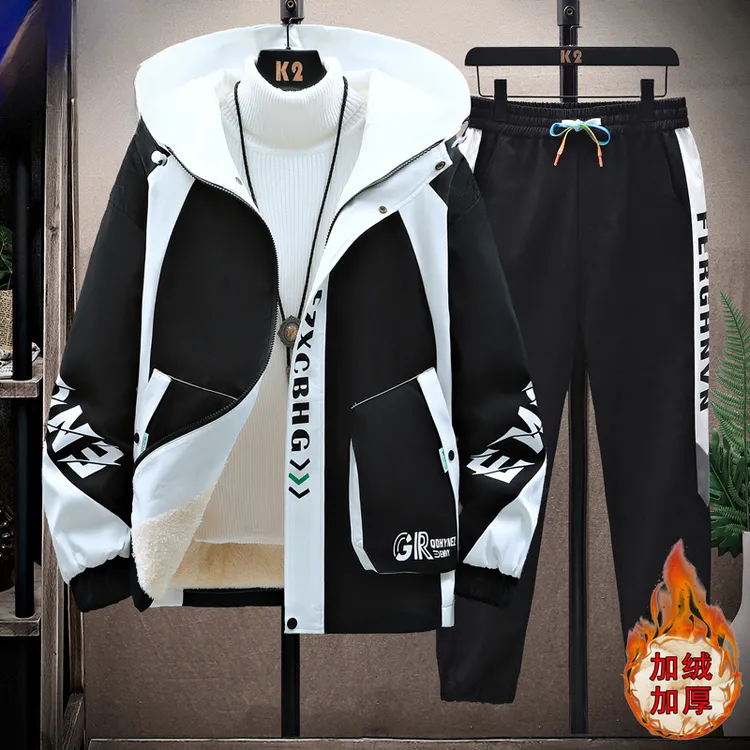 花花公子秋冬季新款加绒加厚男款青少年套装休闲运动套装长