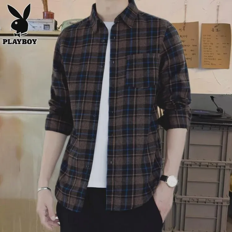 花花公子格子衬衫男长袖宽松寸衫秋季新款潮港风休闲男士衬衣外套