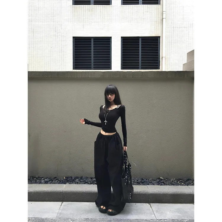 赫本风黑色修身显瘦性感辣妹长袖针织衫上衣高腰松弛感休闲阔腿裤