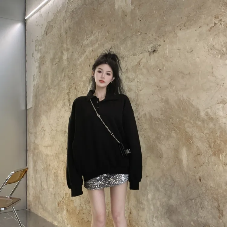 秋季时尚女装慵懒风高级感polo领宽松卫衣高腰显瘦a字亮片半身裙