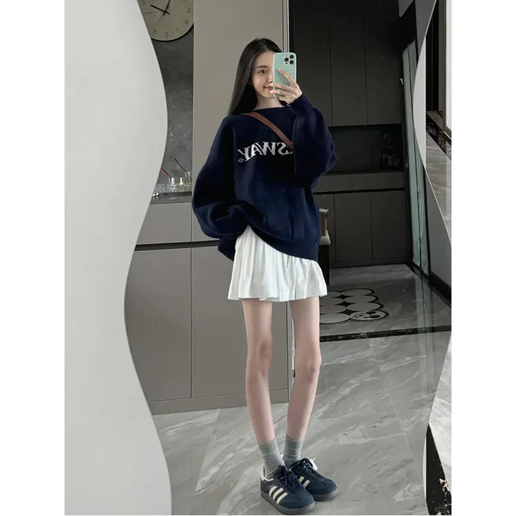 2024秋冬新款小个子ins宽松印花百搭显瘦长袖卫衣高腰白色半身裙