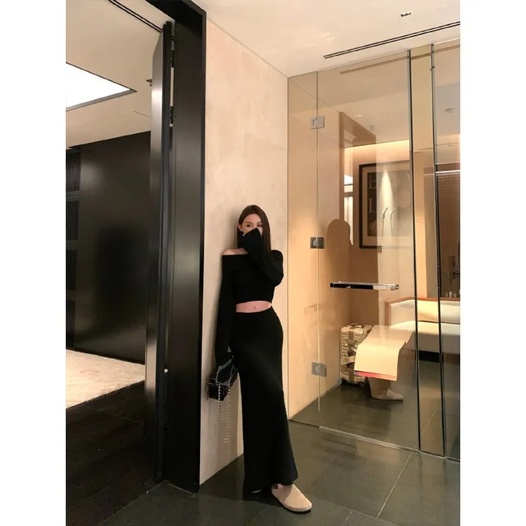 秋冬高级感时尚慵懒通勤小众两件套显瘦长袖上衣高腰包臀鱼尾裙女