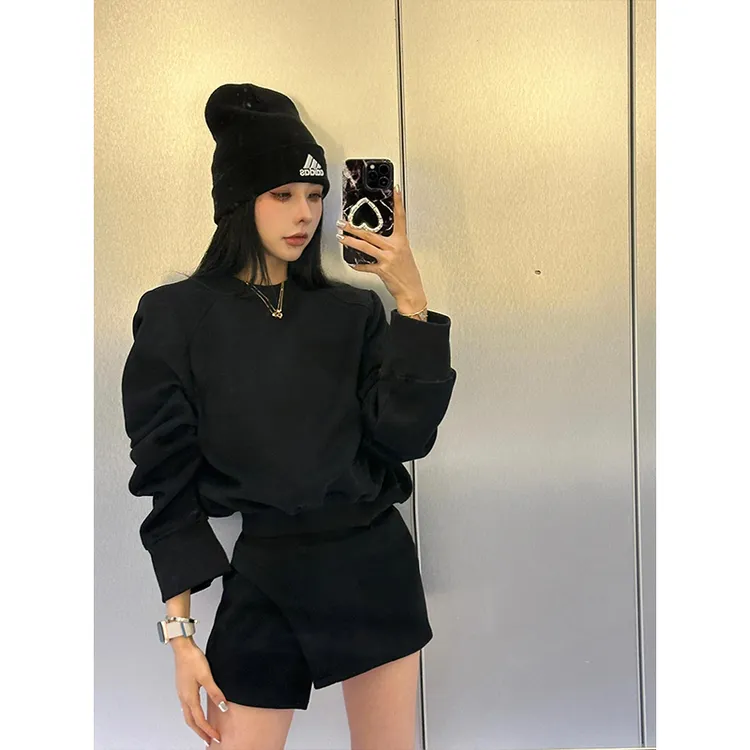 简约时尚早秋小个子两件套穿搭修身显瘦长袖上衣高腰包臀半身裙女