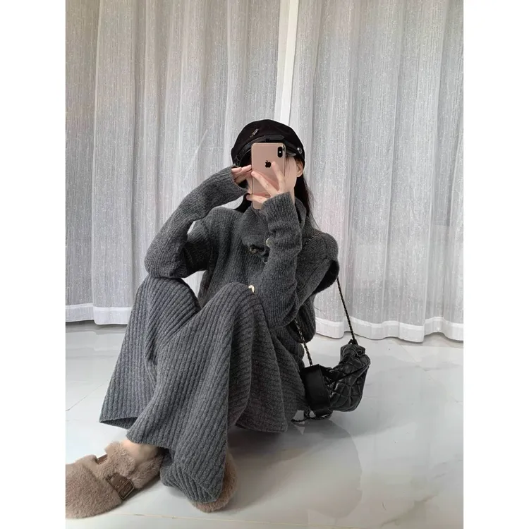 2024韩系时尚休闲慵懒风穿搭气质显瘦单排扣毛衣阔腿裤减龄两件套