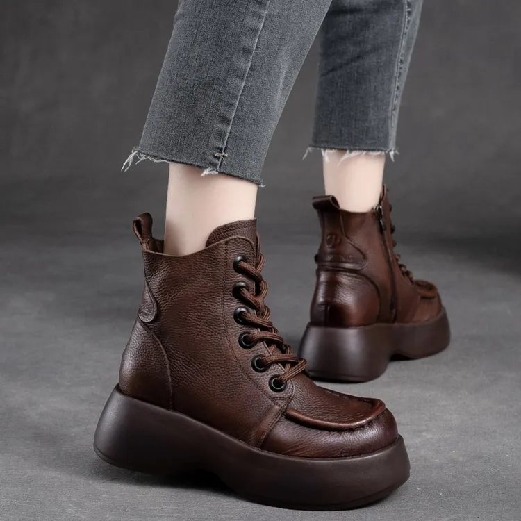 百搭真皮复古马丁鞋头层牛皮秋冬新款厚底女鞋英伦风时尚百搭皮鞋