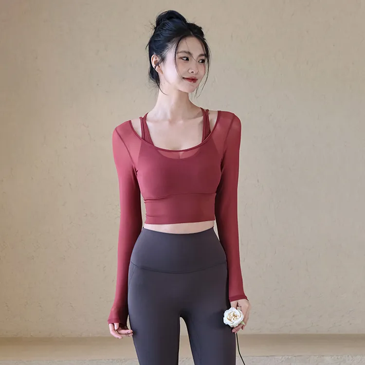 瑜伽服女2024春夏新品绝美网纱运动上衣带胸垫长袖跑步训练健身服
