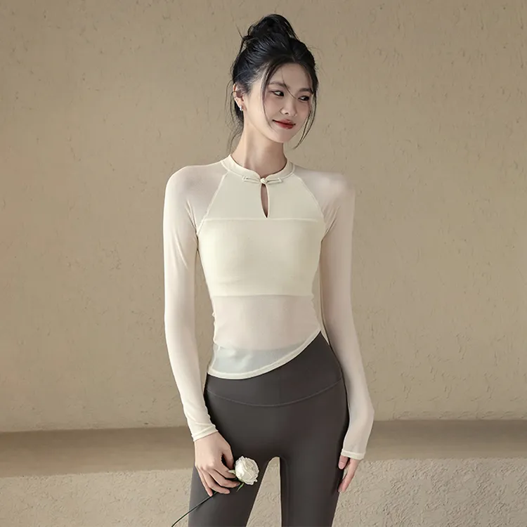 瑜伽服女春夏季国风盘扣网纱运动上衣带胸垫长袖普拉提训练健身服