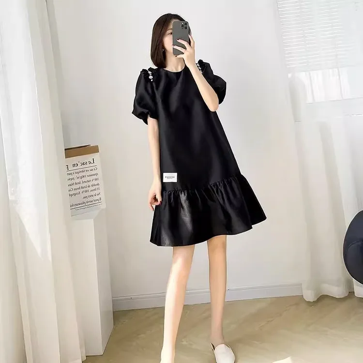 欧洲站2024夏季新款法式荷叶边连衣裙宽松遮肉黑色泡泡袖娃娃裙女