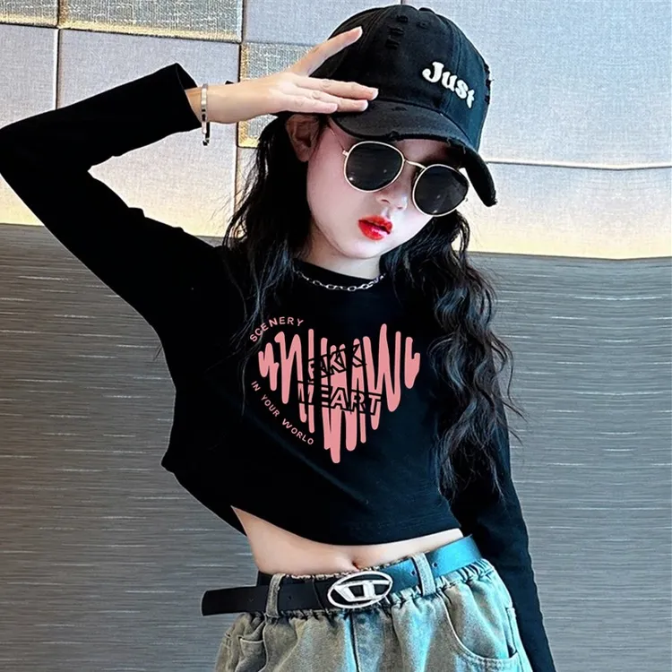女童短款长袖T恤春秋新款儿童打底衫时髦洋气女孩百搭上衣修身装